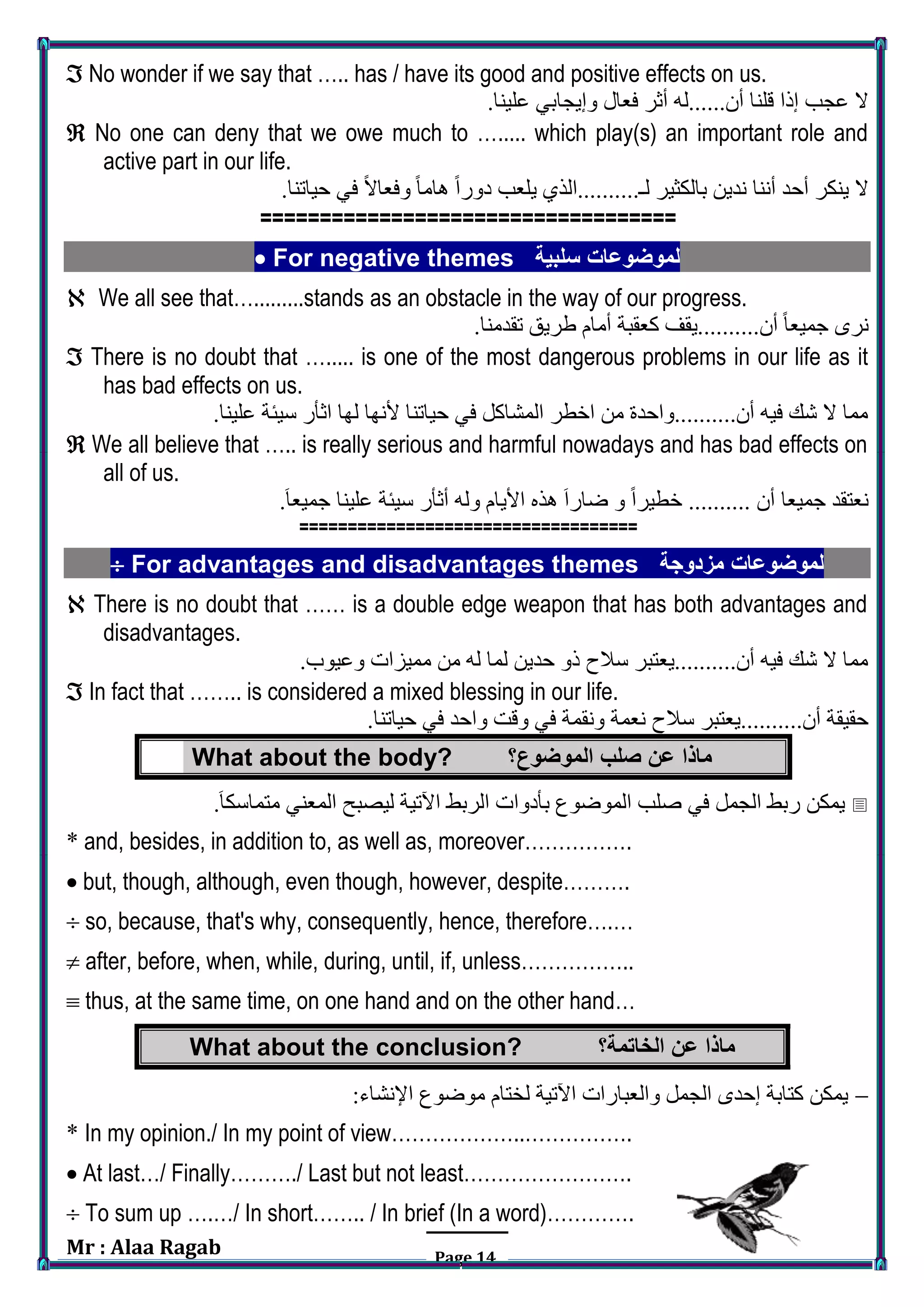 Mr : Alaa Ragab Page 14
 No wonder if we say that ….. has / have its good and positive effects on us.
‫إرا‬ ‫عجب‬ ‫ال‬‫قل‬‫ن‬‫علينا‬ ‫وإيجابي‬ ‫فعال‬ ‫أثر‬ ‫أن......لا‬ ‫ا‬.
 No one can deny that we owe much to …..... which play(s) an important role and
active part in our life.
.‫حياتنا‬ ‫في‬ ً‫ال‬‫وفعا‬ ً‫ا‬‫هام‬ ً‫ا‬‫دور‬ ‫يلعب‬ ‫لـ..........الذي‬ ‫بالكثير‬ ‫ندين‬ ‫أننا‬ ‫أحد‬ ‫ينكر‬ ‫ال‬
===================================
 For negative themes ‫سلبية‬ ‫لموضوعات‬
 We all see that….........stands as an obstacle in the way of our progress.
.‫تقدمنا‬ ‫طريق‬ ‫أمام‬ ‫كعقبة‬ ‫أن..........يقف‬ ً‫ا‬‫جميع‬ ‫نرى‬
 There is no doubt that …..... is one of the most dangerous problems in our life as it
has bad effects on us.
.‫علينا‬ ‫سيئة‬ ‫اثأر‬ ‫لها‬ ‫ألنها‬ ‫حياتنا‬ ‫في‬ ‫المشاكل‬ ‫اخطر‬ ‫من‬ ‫أن..........واحدة‬ ‫فيا‬ ‫شك‬ ‫ال‬ ‫مما‬
 We all believe that ….. is really serious and harmful nowadays and has bad effects on
all of us.
‫جميعا‬ ‫نعتقد‬.َ‫ا‬‫جميع‬ ‫علينا‬ ‫سيئة‬ ‫أثأر‬ ‫ولا‬ ‫األيام‬ ‫هذه‬ َ‫ا‬‫ضار‬ ‫و‬ ً‫ا‬‫خطير‬ .......... ‫أن‬
===================================
 For advantages and disadvantages themes ‫مزدوجة‬ ‫لموضوعات‬
 There is no doubt that …… is a double edge weapon that has both advantages and
disadvantages.
.‫وعيوب‬ ‫مميزات‬ ‫من‬ ‫لا‬ ‫لما‬ ‫حدين‬ ‫رو‬ ‫سال‬ ‫أن..........يعتبر‬ ‫فيا‬ ‫شك‬ ‫ال‬ ‫مما‬
 In fact that …….. is considered a mixed blessing in our life.
‫سال‬ ‫أن..........يعتبر‬ ‫حقيقة‬.‫حياتنا‬ ‫في‬ ‫واحد‬ ‫وقت‬ ‫في‬ ‫ونقمة‬ ‫نعمة‬
What about the body? ‫الموضوع؟‬ ‫صلب‬ ‫عن‬ ‫ماذا‬
‫يمكن‬.َ‫ا‬‫متماسك‬ ‫المعني‬ ‫ليصبح‬ ‫اآلتية‬ ‫الربط‬ ‫بأدوات‬ ‫الموضوع‬ ‫صلب‬ ‫في‬ ‫الجمل‬ ‫ربط‬
* and, besides, in addition to, as well as, moreover…………….
 but, though, although, even though, however, despite……….
 so, because, that's why, consequently, hence, therefore….…
 after, before, when, while, during, until, if, unless……………..
 thus, at the same time, on one hand and on the other hand…
What about the conclusion? ‫الخاتمة؟‬ ‫عن‬ ‫ماذا‬
:‫اإلنشاء‬ ‫موضوع‬ ‫لختام‬ ‫اآلتية‬ ‫والعبارات‬ ‫الجمل‬ ‫إحدى‬ ‫كتابة‬ ‫يمكن‬
* In my opinion./ In my point of view………………..…………….
 At last…/ Finally………./ Last but not least…………………….
 To sum up ….…/ In short…….. / In brief (In a word)………….
 