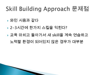    와인 시음과 같다
   2-3시간에 한가지 스킬을 익힌다?
   교육 마치고 돌아가서 새 skill을 계속 연습하고
    노력할 환경이 되어있지 않은 경우가 대부분
 