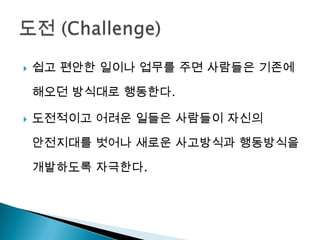    쉽고 편안한 일이나 업무를 주면 사람들은 기존에

    해오던 방식대로 행동한다.

   도전적이고 어려운 일들은 사람들이 자신의

    안전지대를 벗어나 새로운 사고방식과 행동방식을

    개발하도록 자극한다.
 