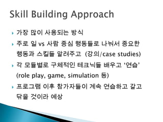    가장 많이 사용되는 방식
   주로 일 vs 사람 중심 행동들로 나눠서 중요한
    행동과 스킬들 알려주고 (강의/case studies)
   각 모듈별로 구체적인 테크닉들 배우고 ‘연습’
    (role play, game, simulation 등)
   프로그램 이후 참가자들이 계속 연습하고 갈고
    닦을 것이라 예상
 