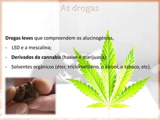 As drogas
Drogas leves que compreendem os alucinogénios,
- LSD e a mescalina;
- Derivados da cannabis (haxixe e marijuana);
- Solventes orgânicos (éter, tricloroetileno, o álcool, o tabaco, etc).
 