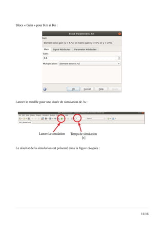 Blocs « Gain » pour Km et Ke :
Lancer le modèle pour une durée de simulation de 3s :
Le résultat de la simulation est présenté dans la figure ci-après :
11/16
 