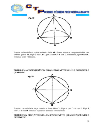 Traçada a circunferência, traçar também a linha AB. Depois, centrar o compasso em B e com
abertura igual a B1, traçar o arco CD. Ligar A com C e A com D. Finalmente, ligar D com C,
formando assim o triângulo.
DIVIDIR UMA CIRCUNFERÊNCIA EM QUATRO PARTES IGUAIS E INSCREVER O
QUADRADO
Traçada a circunferência, traçar também as linhas AB e CD. Ligar A com C e A com D. Ligar B
com C e B com D, formando o quadrado dentro da circunferência.
DIVIDIR UMA CIRCUNFERÊNCIA EM CINCO PARTES IGUAIS E INSCREVER O
PENTÁGONO
10
 