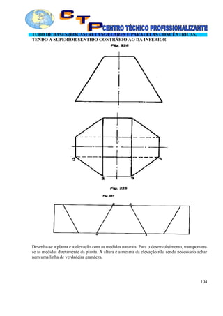 TUBO DE BASES (BOCAS) RETANGULARES E PARALELAS CONCÊNTRICAS,
TENDO A SUPERIOR SENTIDO CONTRÁRIO AO DA INFERIOR
Desenha-se a planta e a elevação com as medidas naturais. Para o desenvolvimento, transportam-
se as medidas diretamente da planta. A altura é a mesma da elevação não sendo necessário achar
nem uma linha de verdadeira grandeza.
104
 