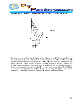 TRANSFORMAÇÃO DE OVAL PARA REDONDO - MODÊLO 1 - CONTINUAÇÃO
Desenha-se a vista de planta (fig. 231) pelo sistema indicado na fig. 26. Divide-se então apenas
um quarto do redondo e um quarto do oval, numerando-se no oval 1-3-5-7 no redondo 2-4-6-8.
Traçam-se então as linhas de triangulação 1-2-3-4-5-6-7-8. Estas linhas são transportadas para
alinha AB da fig. 232 e daí elevadas ao ponto C. Estas são as linhas de verdadeira grandeza para
se traçar o desenvolvimento e para isso deve-se, de preferência, usar três compassos. Um deles
fica aberto na medida 1-3, o outro na medida 2-4 e o outro transporta as medidas da fig. 232 que
são variáveis. Transportando-se as medidas da fig. 232 para o fig. 233 e para a parte oval as
aberturas 1-3 e para a boca redonda as aberturas 2-4, obtém-se o desenvolvimento.
107
 