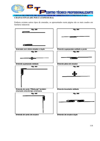 VISTAS DE FRENTE DE ALGUNS TIPOS DE ARREMATES E EMENDAS PARA
CHAPAS FINAS (DE POUCA ESPESSURA)
Embora existam outros tipos de emendas, os apresentados nesta página são os mais usados em
funilaria industrial.
118
 