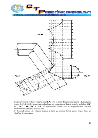 INTERSEÇÃO DE DOIS CILINDROS DE DIÂMETROS IGUAIS
Desenvolvimento do furo: Traçar a linha LP e com abertura de compasso igual a 4-5, marcar os
pontos 1-2-3-4-5-6-7 e traçar perpendiculares por estes pontos. Traçar também as linhas KK’,
CC’, DD’, OO’, NN’ e MM’. O cruzamento destas com as perpendiculares traçadas
anteriormente formam a linha do furo.
O desenvolvimento do cilindro inferior é feito da mesma forma como foram feitas as
planificações anteriores.
28
 