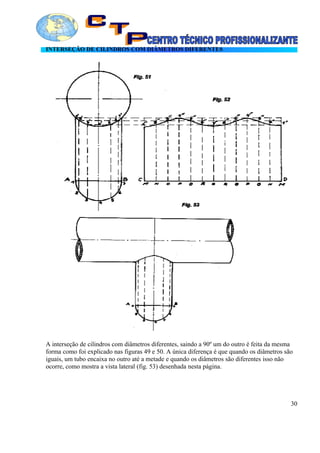 INTERSEÇÃO DE CILINDROS COM DIÂMETROS DIFERENTES
A interseção de cilindros com diâmetros diferentes, saindo a 90º um do outro é feita da mesma
forma como foi explicado nas figuras 49 e 50. A única diferença é que quando os diâmetros são
iguais, um tubo encaixa no outro até a metade e quando os diâmetros são diferentes isso não
ocorre, como mostra a vista lateral (fig. 53) desenhada nesta página.
30
 