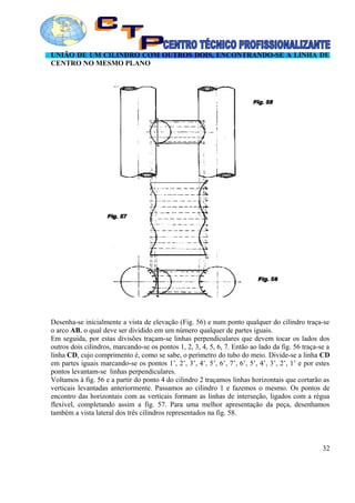 UNIÃO DE UM CILINDRO COM OUTROS DOIS, ENCONTRANDO-SE A LINHA DE
CENTRO NO MESMO PLANO
Desenha-se inicialmente a vista de elevação (Fig. 56) e num ponto qualquer do cilindro traça-se
o arco AB, o qual deve ser dividido em um número qualquer de partes iguais.
Em seguida, por estas divisões traçam-se linhas perpendiculares que devem tocar os lados dos
outros dois cilindros, marcando-se os pontos 1, 2, 3, 4, 5, 6, 7. Então ao lado da fig. 56 traça-se a
linha CD, cujo comprimento é, como se sabe, o perímetro do tubo do meio. Divide-se a linha CD
em partes iguais marcando-se os pontos 1’, 2’, 3’, 4’, 5’, 6’, 7’, 6’, 5’, 4’, 3’, 2’, 1’ e por estes
pontos levantam-se linhas perpendiculares.
Voltamos à fig. 56 e a partir do ponto 4 do cilindro 2 traçamos linhas horizontais que cortarão as
verticais levantadas anteriormente. Passamos ao cilindro 1 e fazemos o mesmo. Os pontos de
encontro das horizontais com as verticais formam as linhas de interseção, ligados com a régua
flexível, completando assim a fig. 57. Para uma melhor apresentação da peça, desenhamos
também a vista lateral dos três cilindros representados na fig. 58.
32
 