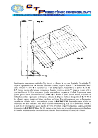INTERSEÇÃO DE UM CILINDRO POR OUTRO INCLINADO
Inicialmente, desenha-se o cilindro X e depois o cilindro Y no grau desejado. No cilindro X,
traça-se a perpendicular VZ e com o raio deste cilindro, traça-se o arco VO. Continuando, traça-
se no cilindro Y o arco 1-7, o qual divide-se em partes iguais, marcando-se os pontos 1-2-3-4-5-
6-7. Com a mesma abertura de compasso e fazendo centro no ponto V, traça-se o arco MN, o
qual também se dividem em partes iguais, marcando-se os pontos 1-2-3-4. Projetam-se estes
pontos para o arco VO marcando-se A-B-C-D-E. Então, a partir destes pontos, traçamos as
linhas horizontais e paralelas ao longo do cilindro X. Depois, partindo dos pontos 1-2-3-4-5-6-7
do cilindro menor, traçam-se linhas paralelas ao longo dele, até cruzarem com as horizontais
traçadas no cilindro maior, marcando os pontos A-B-C-D-E-F-G, formando assim a linha de
interseção dos dois cilindros. Para traçar o desenvolvimento (fig. 62), faz-se primeiro a linha CD
a qual divide-se em partes iguais e pelas divisões levantam-se perpendiculares. Depois, partindo
dos pontos A-B-C-D-E-F-G da fig. 61, traçam-se paralelas que cruzarão com as perpendiculares
levantadas anteriormente e este cruzamento marca a linha de desenvolvimento do cilindro.
34
 