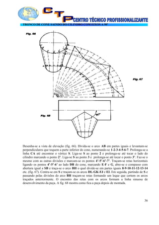 TRONCO DE CONE SAINDO DO CILINDRO COM EIXOS A 90º
Desenha-se a vista de elevação (fig. 66). Divida-se o arco AB em partes iguais e levantam-se
perpendiculares que toquem a parte inferior do cone, numerando-se 1-2-3-4-5-6-7. Prolonga-se a
linha CA até encontrar o vértice S. Liga-se S ao ponto 2 e prolonga-se até tocar o lado do
cilindro marcando o ponto 2’. Liga-se S ao ponto 3 e prolonga-se até tocar o ponto 3’. Faz-se o
mesmo com as outras divisões e marcam-se os pontos 4’-5’-6’-7’. Traçam-se retas horizontais
ligando os pontos 4’-5’-6’ ao lado DB do cone, marcando E-F e G, abre-se o compasso com
abertura igual a SB e traça-se o arco BH o qual divide-se em partes iguais 8-9-10-11-12-13-14
etc. (fig. 67). Centra-se em S e traçam-se os arcos DL-GK-FJ e EI. Em seguida, partindo de S e
passando pelas divisões do arco BH traçam-se retas formando um leque que cortem os arcos
traçados anteriormente. O encontro das retas com os arcos formam a linha sinuosa de
desenvolvimento da peça. A fig. 68 mostra como fica a peça depois de montada.
36
 