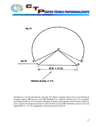 DESENVOLVIMENTO DE CONE – PROCESSO 1
Desenha-se a vista de elevação do cone (fig. 69). Depois, fazendo centro em A, com abertura de
compasso igual a AB traça-se o arco CD. Multiplica-se o diâmetro da base por 3,14 e o produto
encontrado divide-se em um número qualquer de partes iguais (quanto mais divisões melhor) e
com o auxilio do compasso marcam-se estas divisões no arco CD. Finalmente, traça-se uma reta
ligando D a A e C a A completando o desenvolvimento da fig.70.
37
 