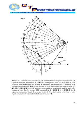 DESENVOLVIMENTO DE CONE INCLINADO
Desenha-se a vista de elevação do cone (fig. 73) com a inclinação desejada e traça-se o arco 1-7,
o qual divide-se em partes iguais 1-2-3-4-5-6-7. Prolonga-se a linha 1-7 até o ponto N e daí
levanta-se uma perpendicular até o ponto S. Centrando o compasso em N, traçam-se arcos
marcando os pontos A-B-C-D-E na base do cone. A partir destes pontos, traçam-se os arcos 1F-
AG-BH-CI-DJ-EK-7L. A seguir abre-se o compasso com uma das divisões do arco 1-7 e
marcam-se estas divisões no arco 1F8, numerando-se 8-9-10-11-12-13-14-13-12-11-10-9-8.
Ligam-se estes pontos através de retas ao vértice S. O encontro destas retas com os arcos
traçados anteriormente forma a linha de desenvolvimento ML.
39
 