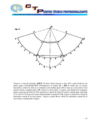 TRAÇADO DO TRONCO DE CONE – PROCESSO 2
Traça-se a vista de elevação ABCD. Na base maior traça-se o arco 1-9, o qual divide-se em
partes iguais 1-2-3-4-5-6-7-8-9. Prolongam-se as linhas AC e BD de modo que se cruzem
marcando a vértice S. Abre-se o compasso com medida igual a SA e traça-se o arco maior. Com
mesmo centro e medida igual a SC, traça-se o arco menor. A seguir, com abertura de compasso
igual a uma das divisões do 1-9, marcam-se a partir da linha de centro, metade para cada lado
(1-2-3-4-5-6-7-8-9) no arco maior determinando os pontos 9 e 9e. Liga-se o ponto 9 ao vértice S,
marcando o ponto F no arco menor. Liga-se o ponto 9e ao vértice S, marcando o ponto G no
arco menor, completando a figura.
41
 