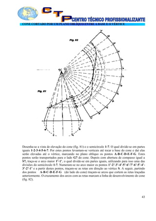 CONE CORTADO POR UM PLANO OBLÍQUO ENTRE A BASE E O VÉRTICE
Desenha-se a vista de elevação do cone (fig. 81) e o semicírculo 1-7. O qual divide-se em partes
iguais 1-2-3-4-5-6-7. Por estes pontos levantam-se verticais até tocar a base do cone e daí elas
serão elevadas até o vértice, marcando no plano oblíquo os pontos A-B-C-D-E-F-G. Estes
pontos serão transportados para o lado G7 do cone. Depois com abertura de compasso igual a
S7, traça-se o arco maior 1’-1’, o qual divide-se em partes iguais, utilizando para isso uma das
divisões do semicírculo 1-7. Numeram-se no arco maior os pontos 1’-2’-3’-4’-5’-6’-7’-6’-5’-4’-
3’-2’-1’ e a partir destes pontos, traçam-se as retas em direção ao vértice S. A seguir, partindo
dos pontos A-B-C-D-E-F-G (do lado do cone) traçam-se arcos que cortem as retas traçadas
anteriormente. O cruzamento dos arcos com as retas marcam a linha de desenvolvimento do cone
(fig. 82).
43
 