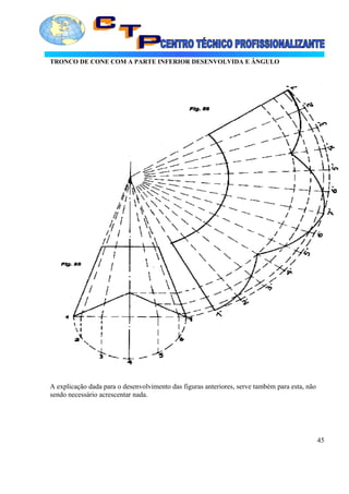 TRONCO DE CONE COM A PARTE INFERIOR DESENVOLVIDA E ÂNGULO
A explicação dada para o desenvolvimento das figuras anteriores, serve também para esta, não
sendo necessário acrescentar nada.
45
 