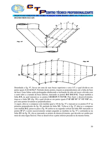 DESENVOLVIMENTO DE TUBO “CALÇA” COM BASES (BOCAS) PARALELAS E
DIÂMETROS IGUAIS
Desenhada a fig. 97, faz-se um uma de suas bocas superiores o arco 1-7, o qual divide-se em
partes iguais 1-2-3-4-5-6-7. Partindo destes pontos, traçam-se perpendiculares até a linha de base
da boca. Estas linhas serão prolongadas obedecendo a inclinação do tubo até tocar a divisão com
o outro tubo e a metade da boca inferior, marcando os pontos B-C-D-E-F-G. Traçar também a
linha 8-9, na qual marcam-se os pontos I-II-III-IV-V-VI-VII. Para fazer o desenvolvimento,
traça-se a linha XY (fig. 98) a qual divide-se em partes iguais I’-II’-III’-IV’-V’-VI’-VII’ etc.,
por estes pontos levantam-se perpendiculares.
A seguir, abre-se o compasso com medida igual a 1-I da fig. 97 e marcam-se os pontos I’-1’ na
primeira perpendicular da fig. 98, partindo da linha XY. Volta-se à fig. 97 abre-se o compasso
com medida II-2, passa-se para a fig. 98 centra-se na segunda vertical da linha XY marcando os
pontos II’-2’ e assim sucessivamente sempre pegando as medidas na fig. 97 e centrando-se na
linha XY da fig. 98, vão-se marcando os pontos de desenvolvimento, que deverão ser unidos por
meio de uma régua flexível. Para se desenvolver a parte inferior procede-se da mesma forma.
50
 