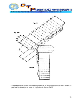 TUBO “CALÇA” COM AS BASES (BOCAS) SUPERIORES INCLINADAS A 45º
O desenvolvimento da parte superior desta peça pode ser feito do mesmo modo que o anterior. A
parte inferior desenvolve-se como foi explicado nas figuras 49 e 50.
51
 