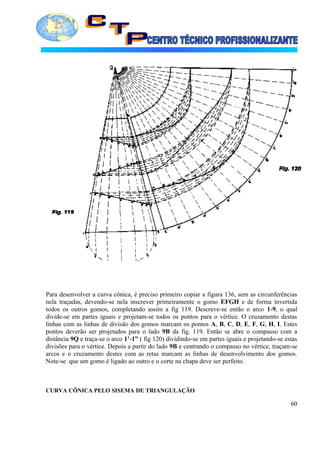 Para desenvolver a curva cônica, é preciso primeiro copiar a figura 136, sem as circunferências
nela traçadas, devendo-se nela inscrever primeiramente o gomo EFGH e de forma invertida
todos os outros gomos, completando assim a fig 119. Descreve-se então o arco 1-9, o qual
divide-se em partes iguais e projetam-se todos os pontos para o vértice. O cruzamento destas
linhas com as linhas de divisão dos gomos marcam os pontos A, B, C, D, E, F, G, H, I. Estes
pontos deverão ser projetados para o lado 9B da fig. 119. Então se abre o compasso com a
distância 9Q e traça-se o arco 1’-1” ( fig 120) dividindo-se em partes iguais e projetando-se estas
divisões para o vértice. Depois a partir do lado 9B e centrando o compasso no vértice, traçam-se
arcos e o cruzamento destes com as retas marcam as linhas de desenvolvimento dos gomos.
Note-se que um gomo é ligado ao outro e o corte na chapa deve ser perfeito.
CURVA CÔNICA PELO SISEMA DE TRIANGULAÇÃO
60
 