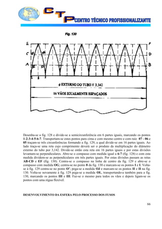 Desenha-se a fig. 128 e divide-se a semicircunferência em 6 partes iguais, marcando os pontos
1-2-3-4-5-6-7. Transportam-se estes pontos para cima e com mesmo centro e com raio 07 - 06 e
05 traçam-se três circunferências formando a fig. 129, a qual divide-se em 16 partes iguais. Ao
lado traça-se uma reta cujo comprimento deverá ser o produto da multiplicação do diâmetro
externo do tubo por 3,142. Divide-se então esta reta em 16 partes iguais e por estas divisões
levantam-se perpendiculares. Abre-se o compasso com medida igual a 6-7 (fig. 128) e com esta
medida dividem-se as perpendiculares em três partes iguais. Por estas divisões passam as retas
AB-CD e EF (fig. 130). Centra-se o compasso na linha de centro da fig. 129 e abre-se o
compasso com medida OG; centra-se no ponto 8 da fig. 130 e marcam-se os pontos I e I. Volta-
se à fig. 129 centra-se no ponto O’; pega-se a medida OJ e marcam-se os pontos II e II na fig.
130. Volta-se novamente à fig. 129 pega-se a medida OL, transportando-a também para a fig.
130, marcando os pontos III e III. Faz-se o mesmo para todos os vãos e depois ligam-se os
pontos com uma régua flexível.
DESENVOLVIMENTO DA ESFERA PELO PROCESSO DOS FUSOS
66
 