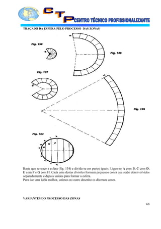 TRAÇADO DA ESFERA PELO PROCESSO DAS ZONAS
Basta que se trace a esfera (fig. 134) e divida-se em partes iguais. Ligue-se A com B; C com D;
E com F e G com H. Cada uma destas divisões formam pequenos cones que serão desenvolvidos
separadamente e depois unidos para formar a esfera.
Para dar uma idéia melhor, unimos no outro desenho os diversos cones.
VARIANTES DO PROCESSO DAS ZONAS
68
 