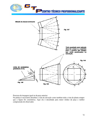 Processo de traçagem igual ao da peça anterior.
Na prática é necessário desenhar a vista de elevação como também toda a vista de planta sempre
que a figura for concêntrica. Aqui ela é desenhada para maior nitidez da peça e melhor
compreensão do observador.
72
 