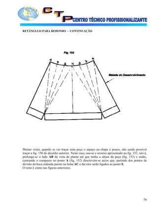 RETÂNGULO PARA REDONDO - CONTINUAÇÃO
Muitas vezes, quando se vai traçar uma peça o espaço na chapa é pouco, não sendo possível
traçar a fig. 150 do desenho anterior. Neste caso, usa-se o recurso apresentado na fig. 152, isto é,
prolonga-se o lado AB da vista de planta até que tenha a altura da peça (fig. 153) e então,
centrando o compasso no ponto A (fig. 152) descrevem-se arcos que, partindo dos pontos de
divisão da boca redonda parem na linha AC e daí eles serão ligados ao ponto E.
O resto é como nas figuras anteriores.
76
 