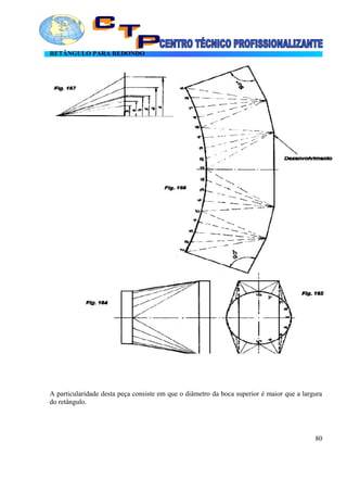 RETÂNGULO PARA REDONDO
A particularidade desta peça consiste em que o diâmetro da boca superior é maior que a largura
do retângulo.
80
 