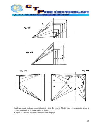QUADRADO PARA REDONDO COMPLETAMENTE EXCÊNTRICO
Quadrado para redondo completamente fora de centro. Neste caso é necessário achar a
verdadeira grandeza de quase todas as linhas.
A figura 177 mostra o desenvolvimento total da peça.
82
 