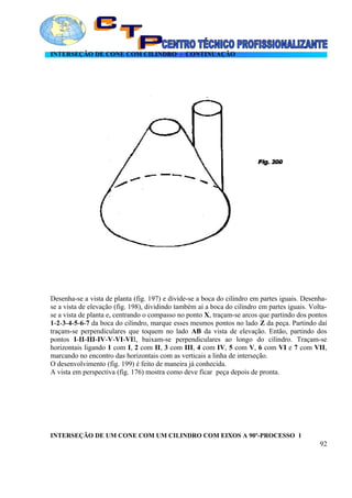 INTERSEÇÃO DE CONE COM CILINDRO - CONTINUAÇÃO
Desenha-se a vista de planta (fig. 197) e divide-se a boca do cilindro em partes iguais. Desenha-
se a vista de elevação (fig. 198), dividindo também aí a boca do cilindro em partes iguais. Volta-
se a vista de planta e, centrando o compasso no ponto X, traçam-se arcos que partindo dos pontos
1-2-3-4-5-6-7 da boca do cilindro, marque esses mesmos pontos no lado Z da peça. Partindo daí
traçam-se perpendiculares que toquem no lado AB da vista de elevação. Então, partindo dos
pontos I-II-III-IV-V-VI-VII, baixam-se perpendiculares ao longo do cilindro. Traçam-se
horizontais ligando 1 com I, 2 com II, 3 com III, 4 com IV, 5 com V, 6 com VI e 7 com VII,
marcando no encontro das horizontais com as verticais a linha de interseção.
O desenvolvimento (fig. 199) é feito de maneira já conhecida.
A vista em perspectiva (fig. 176) mostra como deve ficar peça depois de pronta.
INTERSEÇÃO DE UM CONE COM UM CILINDRO COM EIXOS A 90º-PROCESSO 1
92
 