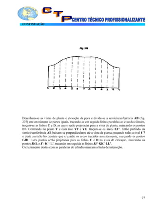 CONTINUAÇÃO
Desenham-se as vistas de planta e elevação da peça e divide-se a semicircunferência AB (fig.
207) em um número de partes iguais, traçando-se em seguida linhas paralelas ao eixo do cilindro,
traçam-se as linhas C e D, as quais serão projetadas para a vista de planta, marcando os pontos
EF. Centrando no ponto Y e com raio YF e YE traçam-se os arcos EF’. Então partindo da
semicircunferência AB baixam-se perpendiculares até a vista de planta, traçando nelas a oval 1-7
e desta partirão horizontais que cruzarão os arcos traçados anteriormente, marcando os pontos
GHI. Estes pontos serão projetados para as linhas C e D na vista de elevação, marcando os
pontos JKL e J’- K’- L’, traçando em seguida as linhas JJ’-KK’-LL’.
O cruzamento destas com as paralelas do cilindro marcam a linha de interseção.
97
 