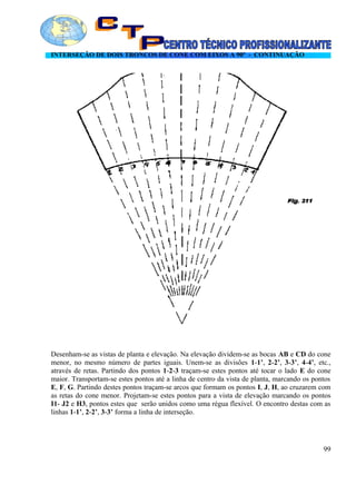 INTERSEÇÃO DE DOIS TRONCOS DE CONE COM EIXOS A 90º - CONTINUAÇÃO
Desenham-se as vistas de planta e elevação. Na elevação dividem-se as bocas AB e CD do cone
menor, no mesmo número de partes iguais. Unem-se as divisões 1-1’, 2-2’, 3-3’, 4-4’, etc.,
através de retas. Partindo dos pontos 1-2-3 traçam-se estes pontos até tocar o lado E do cone
maior. Transportam-se estes pontos até a linha de centro da vista de planta, marcando os pontos
E, F, G. Partindo destes pontos traçam-se arcos que formam os pontos I, J, H, ao cruzarem com
as retas do cone menor. Projetam-se estes pontos para a vista de elevação marcando os pontos
I1- J2 e H3, pontos estes que serão unidos como uma régua flexível. O encontro destas com as
linhas 1-1’, 2-2’, 3-3’ forma a linha de interseção.
99
 