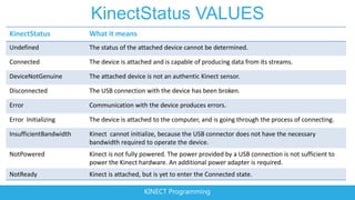 KinectStatus VALUES
KinectStatus            What it means
Undefined               The status of the attached device cannot be determined.

Connected               The device is attached and is capable of producing data from its streams.

DeviceNotGenuine        The attached device is not an authentic Kinect sensor.

Disconnected            The USB connection with the device has been broken.

Error                   Communication with the device produces errors.

Error Initializing      The device is attached to the computer, and is going through the process of connecting.

InsufficientBandwidth   Kinect cannot initialize, because the USB connector does not have the necessary
                        bandwidth required to operate the device.
NotPowered              Kinect is not fully powered. The power provided by a USB connection is not sufficient to
                        power the Kinect hardware. An additional power adapter is required.
NotReady                Kinect is attached, but is yet to enter the Connected state.

                                            KINECT Programming
 