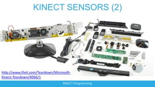 KINECT SENSORS (2)




http://www.ifixit.com/Teardown/Microsoft-
Kinect-Teardown/4066/1
                                    KINECT Programming
 
