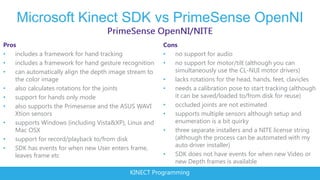 Microsoft Kinect SDK vs PrimeSense OpenNI
Pros                                                    Cons
•   includes a framework for hand tracking              •  no support for audio
•   includes a framework for hand gesture recognition   •  no support for motor/tilt (although you can
•   can automatically align the depth image stream to      simultaneously use the CL-NUI motor drivers)
    the color image                                     •  lacks rotations for the head, hands, feet, clavicles
•   also calculates rotations for the joints            •  needs a calibration pose to start tracking (although
•   support for hands only mode                            it can be saved/loaded to/from disk for reuse)
•   also supports the Primesense and the ASUS WAVI      •  occluded joints are not estimated
    Xtion sensors                                       •  supports multiple sensors although setup and
•   supports Windows (including Vista&XP), Linux and       enumeration is a bit quirky
    Mac OSX                                             •  three separate installers and a NITE license string
•   support for record/playback to/from disk               (although the process can be automated with my
•   SDK has events for when new User enters frame,         auto driver installer)
    leaves frame etc                                    •  SDK does not have events for when new Video or
                                                           new Depth frames is available
                                            KINECT Programming
 