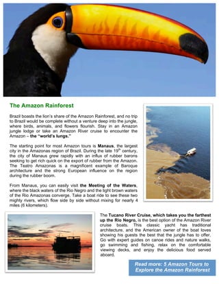 Read more: 5 Amazon Tours to
Explore the Amazon Rainforest
The Amazon Rainforest
Brazil boasts the lion’s share of the Amazon Rainforest, and no trip
to Brazil would be complete without a venture deep into the jungle,
where birds, animals, and flowers flourish. Stay in an Amazon
jungle lodge or take an Amazon River cruise to encounter the
Amazon – the “world’s lungs.”
The starting point for most Amazon tours is Manaus, the largest
city in the Amazonas region of Brazil. During the late 19th
century,
the city of Manaus grew rapidly with an influx of rubber barons
seeking to get rich quick on the export of rubber from the Amazon.
The Teatro Amazonas is a magnificent example of Baroque
architecture and the strong European influence on the region
during the rubber boom.
From Manaus, you can easily visit the Meeting of the Waters,
where the black waters of the Rio Negro and the light brown waters
of the Rio Amazonas converge. Take a boat ride to see these two
mighty rivers, which flow side by side without mixing for nearly 4
miles (6 kilometers).
The Tucano River Cruise, which takes you the farthest
up the Rio Negro, is the best option of the Amazon River
cruise boats. This classic yacht has traditional
architecture, and the American owner of the boat loves
showing his guests the best that the jungle has to offer.
Go with expert guides on canoe rides and nature walks,
go swimming and fishing, relax on the comfortable
viewing decks, and enjoy the delicious food served
aboard.
 