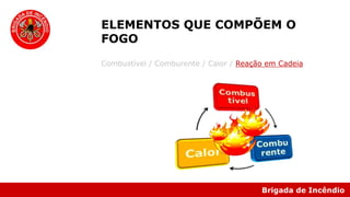 Brigada de Incêndio
Combustível / Comburente / Calor / Reação em Cadeia
ELEMENTOS QUE COMPÕEM O
FOGO
 