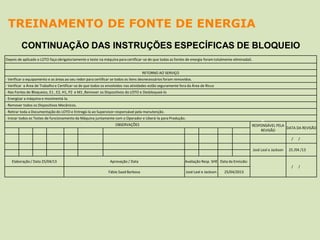 TREINAMENTO DE FONTE DE ENERGIA
Depois de aplicado o LOTO faça obrigatoriamente o teste na máquina para certificar-se de que todas as fontes de energia foram totalmente eliminadaS.
RETORNO AO SERVIÇO
- Verificar o equipamento e as áreas ao seu redor para certificar se todos os itens desnecessários foram removidos.
- Verificar a Área de Trabalho e Certificar-se de que todos os envolvidos nas atividades estão seguramente fora da Área de Risco
- Nas Fontes de Bloqueios, E1 , E2, H1, P2 e M1 ,Remover os Dispositivos do LOTO e Desbloqueá-lo
- Energizar a máquina e movimentá-la.
- Remover todos os Dispositivos Mecânicos.
- Retirar toda a Documentação do LOTO e Entregá-la ao Supervisor responsável pela manutenção.
- Iniciar todos os Testes de funcionamento da Máquina juntamente com o Operador e Liberá-la para Produção.
OBSERVAÇÕES RESPONSÁVEL PELA
REVISÃO
DATA DA REVISÃO
/ /
José Leal e Jackson 25 /04 /13
Elaboração / Data 25/04/13 Aprovação / Data Avaliação Resp. SHE Data da Emissão:
/ /
Fábio Saad Barbosa José Leal e Jackson 25/04/2013
CONTINUAÇÃO DAS INSTRUÇÕES ESPECÍFICAS DE BLOQUEIO
 