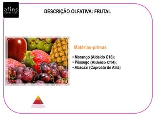 DESCRIÇÃO OLFATIVA: FRUTAL
• Morango (Aldeído C16);
• Pêssego (Aldeído C14);
• Abacaxi (Caproato de Alila)
Matérias-primas
 