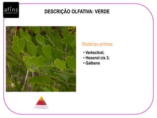 DESCRIÇÃO OLFATIVA: VERDE
• Vertocitral;
• Hexenol cis 3;
• Galbano
Matérias-primas
 