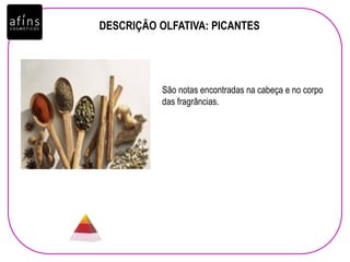 DESCRIÇÃO OLFATIVA: PICANTES
São notas encontradas na cabeça e no corpo
das fragrâncias.
 