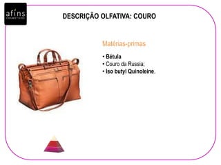 DESCRIÇÃO OLFATIVA: COURO
• Bétula
• Couro da Russia;
• Iso butyl Quinoleine.
Matérias-primas
 