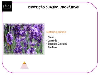 DESCRIÇÃO OLFATIVA: AROMÁTICAS
• Pinho
• Lavanda
• Eucalipto Globulos
• Canfora
Matérias-primas
 