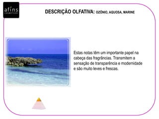 DESCRIÇÃO OLFATIVA: OZÔNIO, AQUOSA, MARINE
Estas notas têm um importante papel na
cabeça das fragrâncias. Transmitem a
sensação de transparência e modernidade
e são muito leves e frescas.
 