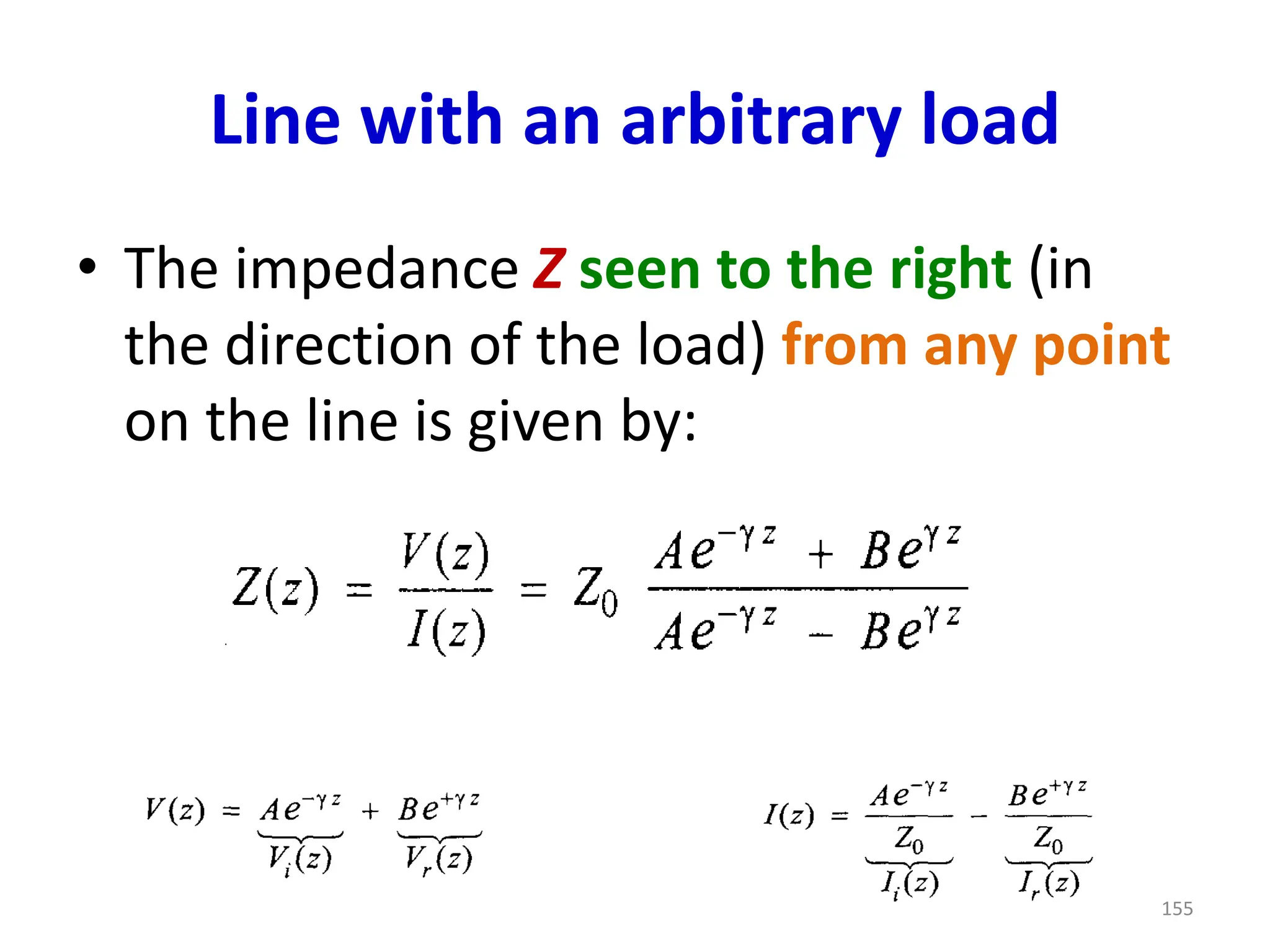 Line with an arbitrary load
• The impedance Z seen to the right (in
the direction of the load) from any point
on the line is given by:
155
 