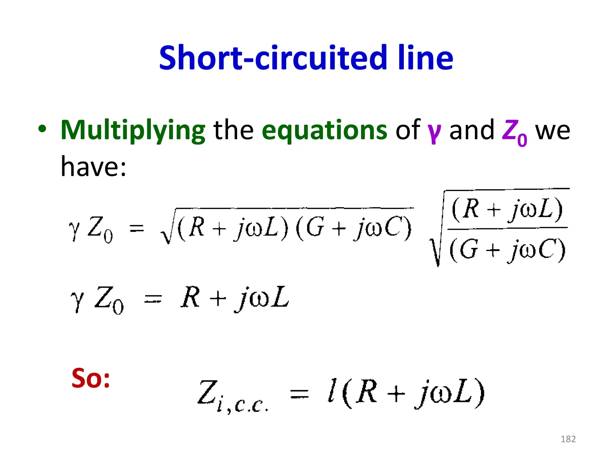Short-circuited line
• Multiplying the equations of γ and Z0 we
have:
So:
182
 