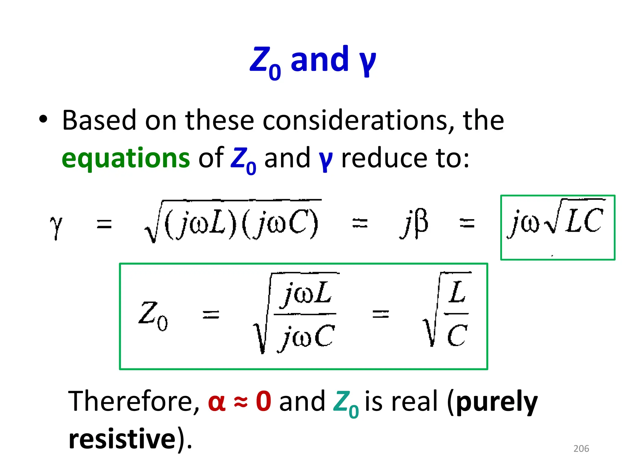 Z0 and γ
• Based on these considerations, the
equations of Z0 and γ reduce to:
Therefore, α ≈ 0 and Z0 is real (purely
resistive). 206
 