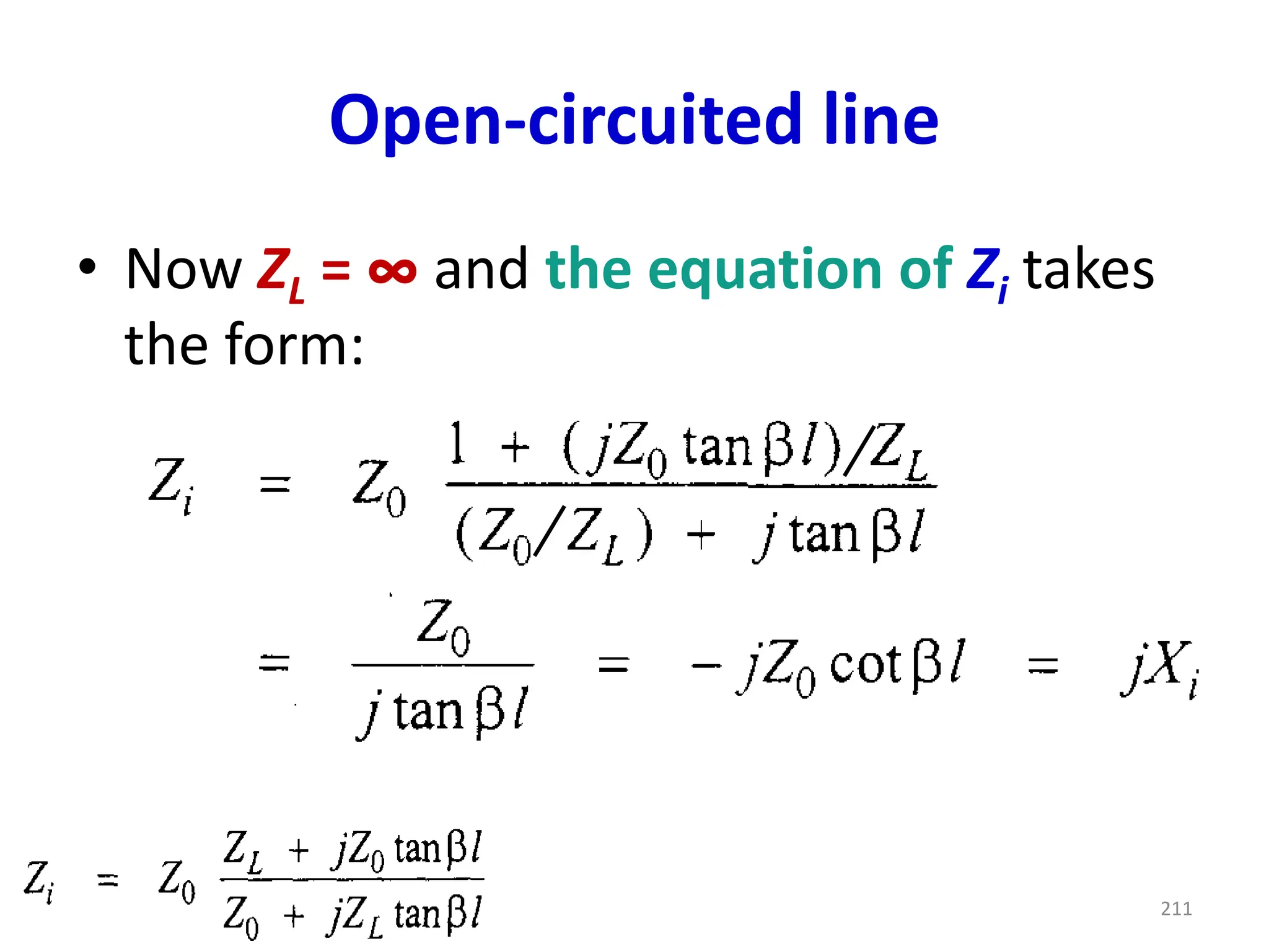 Open-circuited line
• Now ZL = ∞ and the equation of Zi takes
the form:
211
 