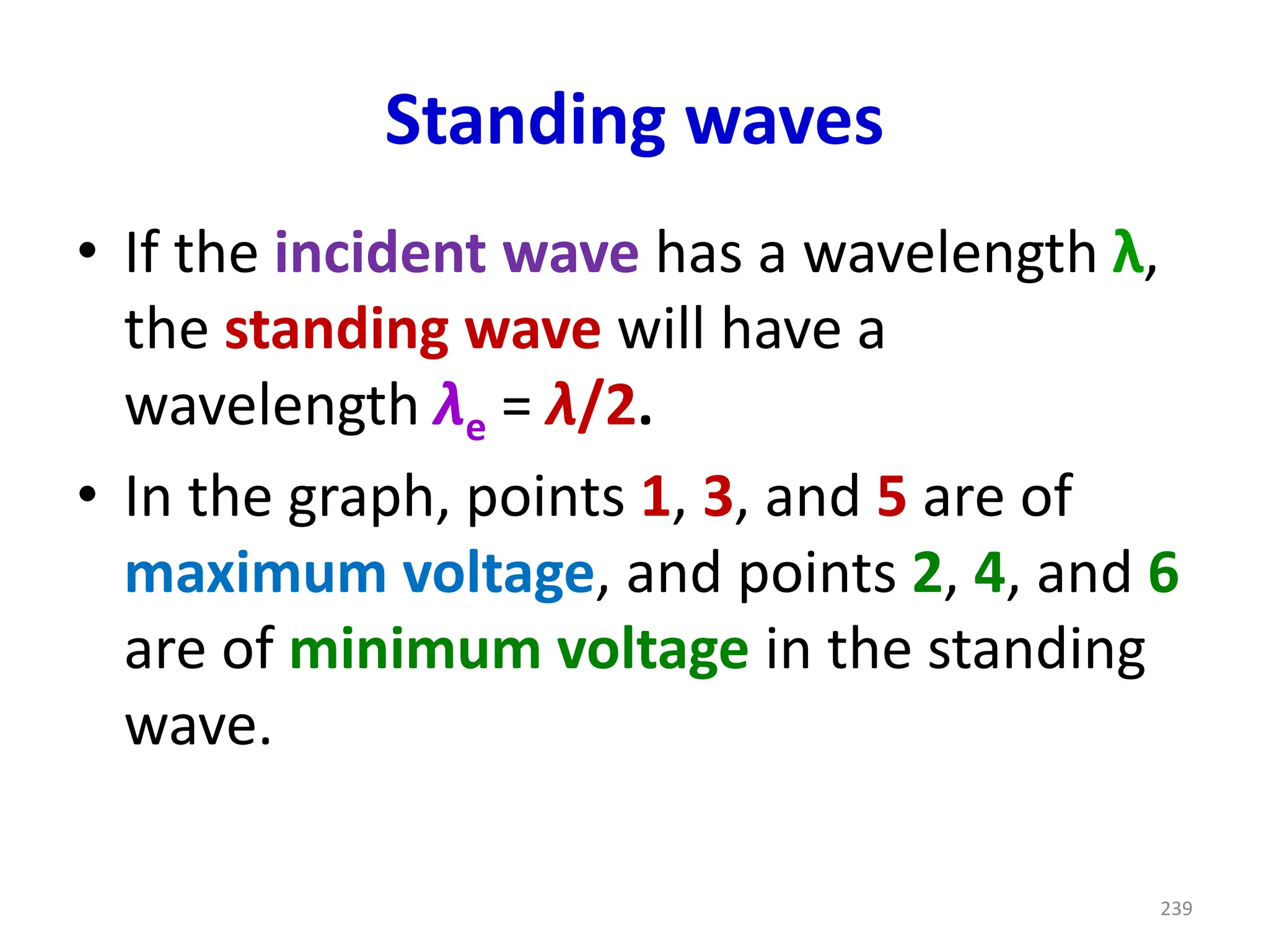 Standing waves
• If the incident wave has a wavelength λ,
the standing wave will have a
wavelength λe = λ/2.
• In the graph, points 1, 3, and 5 are of
maximum voltage, and points 2, 4, and 6
are of minimum voltage in the standing
wave.
239
 