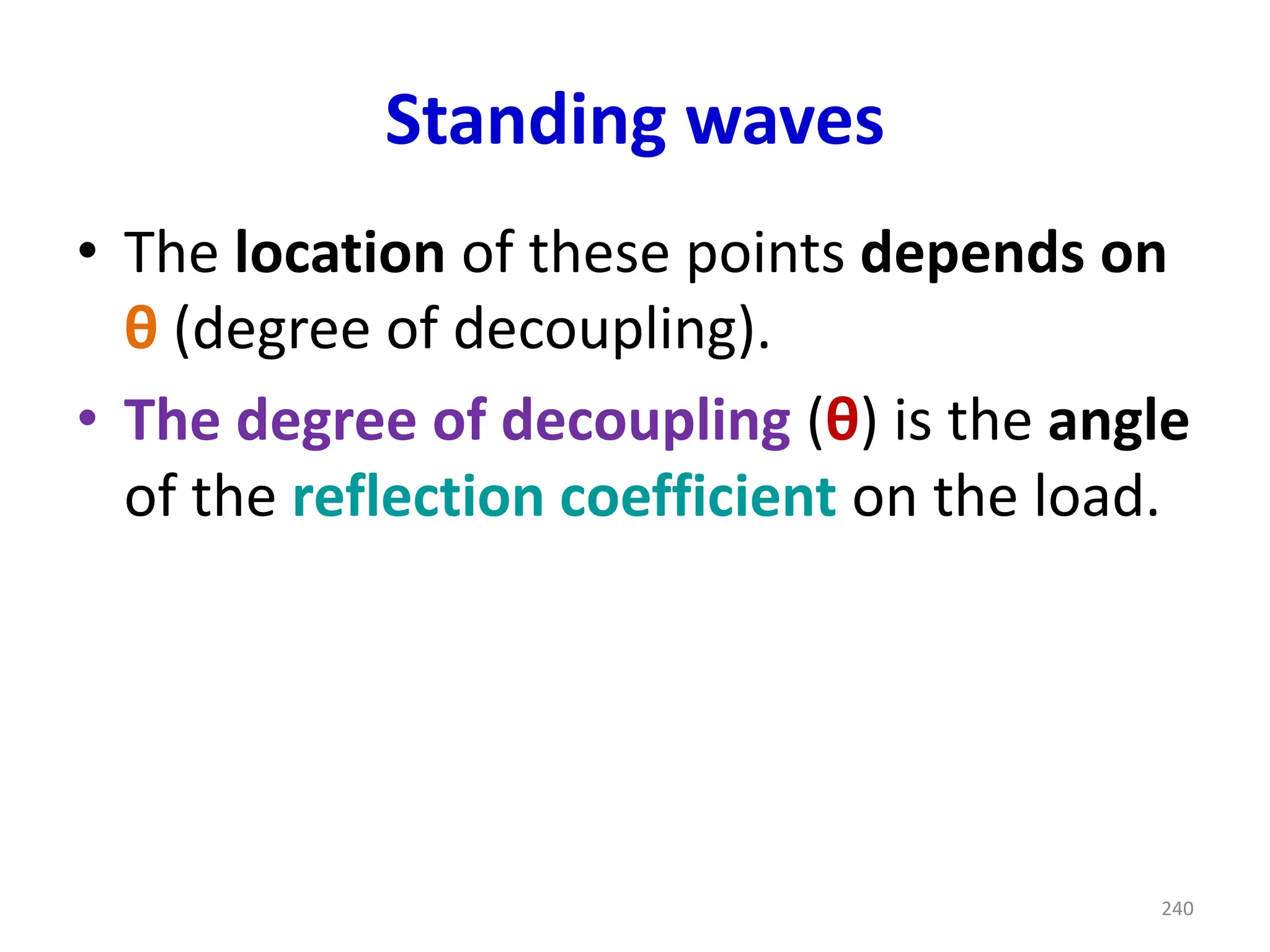 Standing waves
• The location of these points depends on
θ (degree of decoupling).
• The degree of decoupling (θ) is the angle
of the reflection coefficient on the load.
240
 